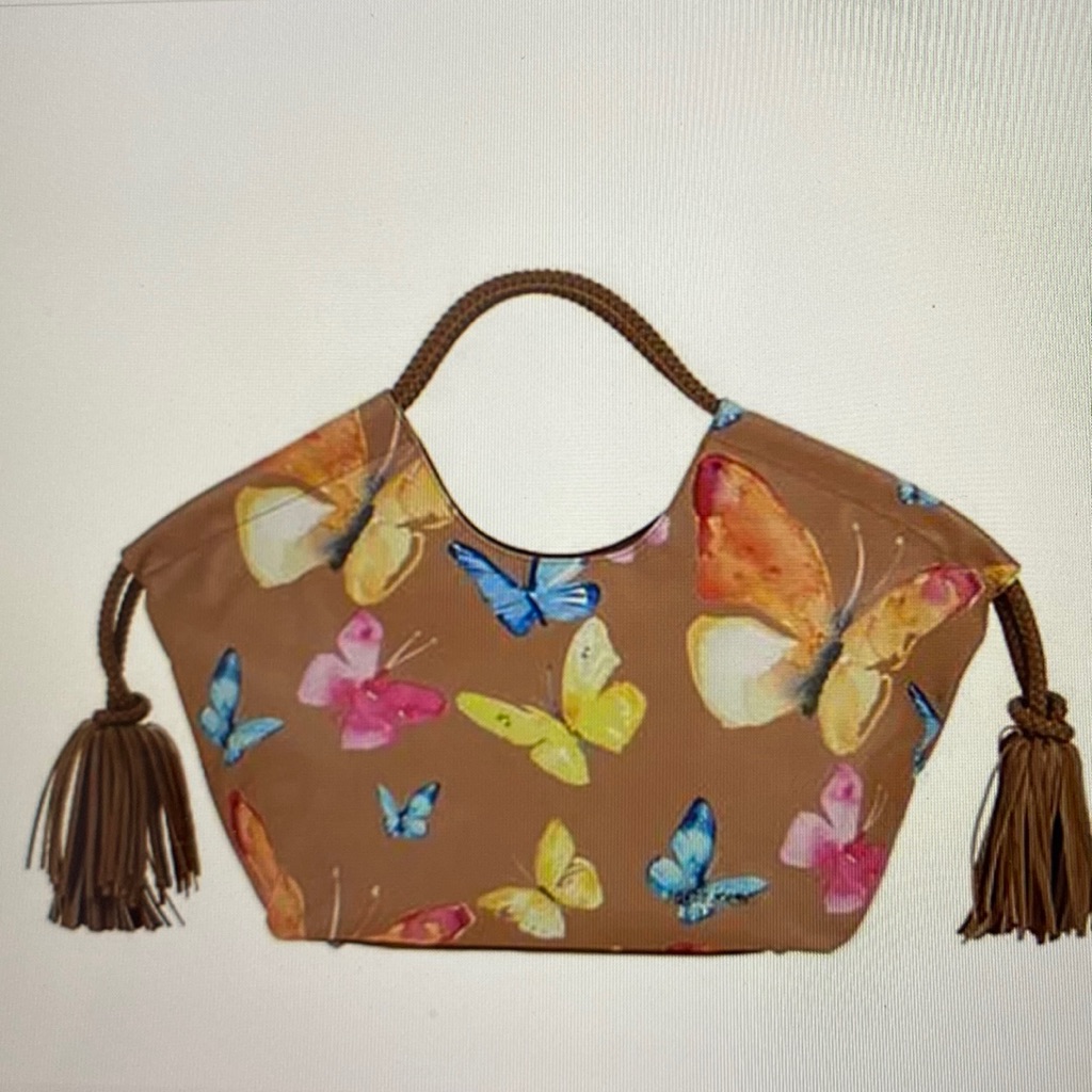 Sassy Jones Penelope Braided Handle Pompom Tote Butterfly Theme. New